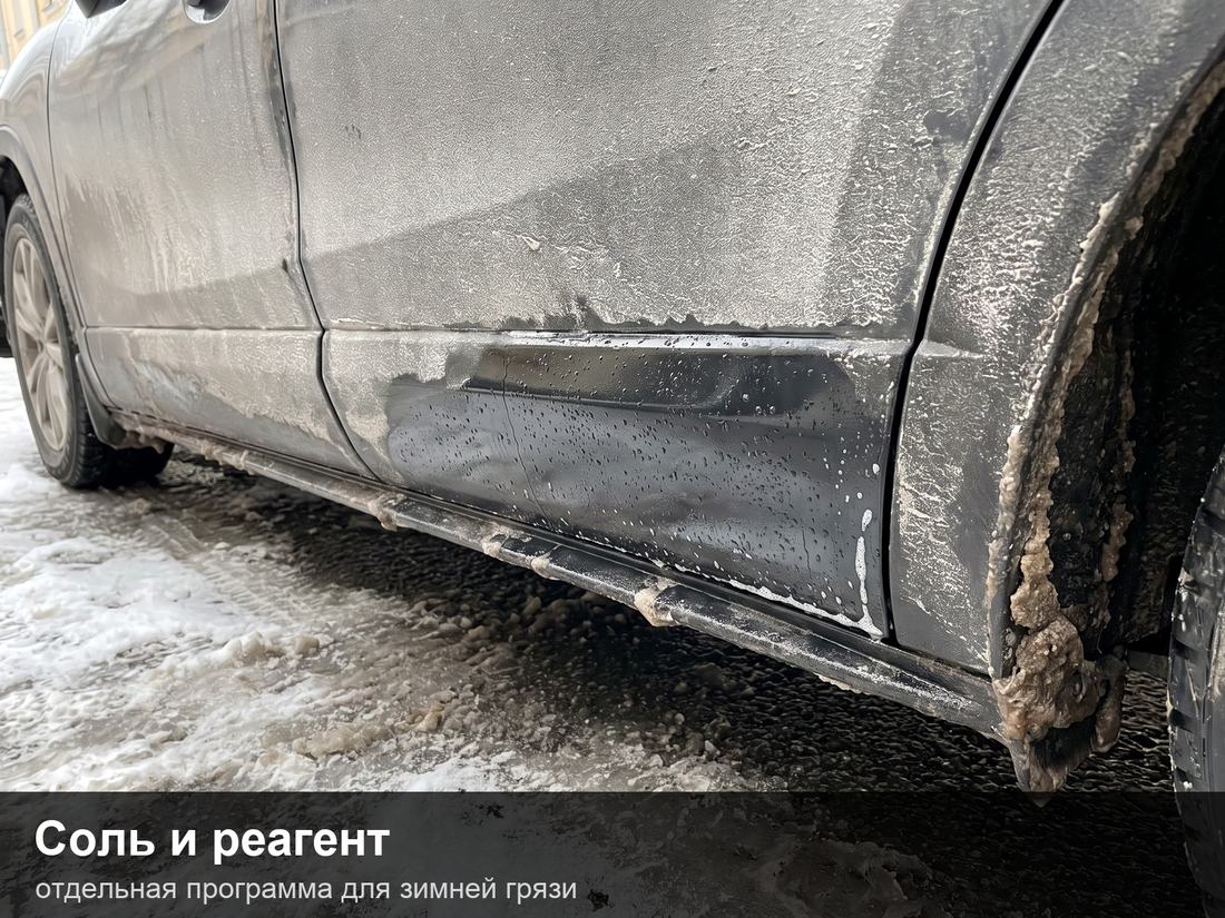 Следы реагентов и соли на порогах автомобиля зимой